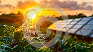 Illuminated light bulb in a field during sunset. Eco-friendly energy concept with solar panels. Innovation and