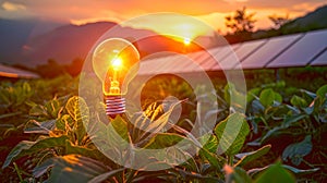 Illuminated light bulb in a field at sunset representing renewable energy. Solar panels and mountains in background. Eco