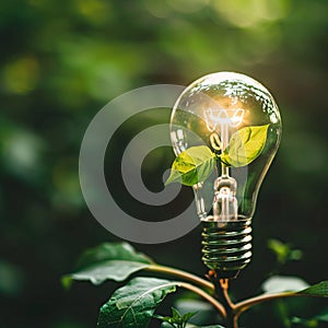Illuminated Light Bulb with Green Leaves in Natural Setting - Concept of Eco-Friendly Energy