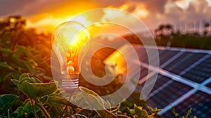 Illuminated light bulb in lush greenery at sunset, symbolizing renewable energy. Eco-friendly power concepts in natural