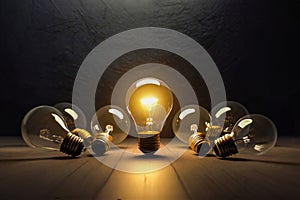 Illuminated light bulb in a row of dim ones concept for creativity, innovation and solution, idea concept,