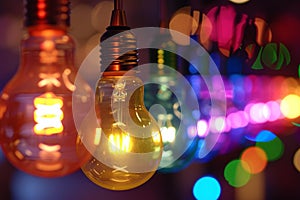 Illuminated light bulbs against colorful blurred background