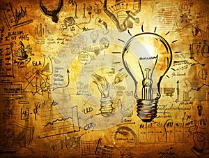 Illuminated lightbulb on a backdrop of hand-drawn business and strategy sketches