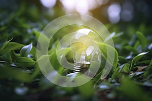 Illuminated Lightbulb in Green Leaves