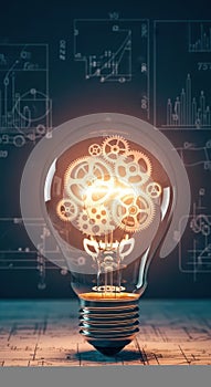 Illuminated Lightbulb with Interlocking Gears on Blueprint