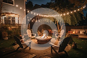 Illuminated by lights cozy backyard, place for bonfire, wooden armchairs around it for family relax