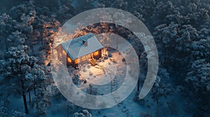 Illuminated Log Cabin in a Snowy Forest at Night