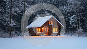 Illuminated Log Cabin in Snowy Forest at Night