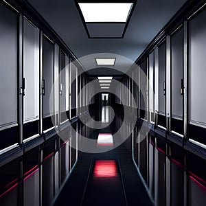 Illuminated long corridor in modern office building, Light exit