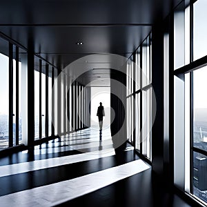 Illuminated long corridor in modern office building, Light exit