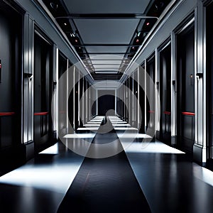 Illuminated long corridor in modern office building, Light exit