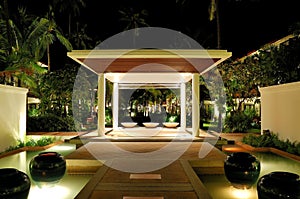 Illuminated lounge area of luxury hotel