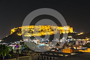 Illuminated Mehrangarh Fort in Jodhpur at night