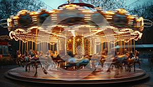 Illuminated merry go round carousel spinning at night