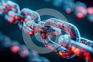 Futuristic digital blockchain concept with glowing connected metal links symbolizing secure data network and advanced technology