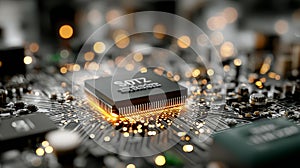 Illuminated Microchip on Circuit Board: Digital Technology and Data Processing