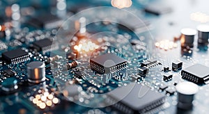 Illuminated microchips on a glowing circuit board