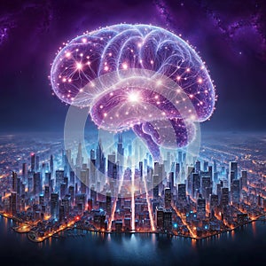 Illuminated Mind Over City, Glowing Neural Network, Futuristic Urban Brain Concept