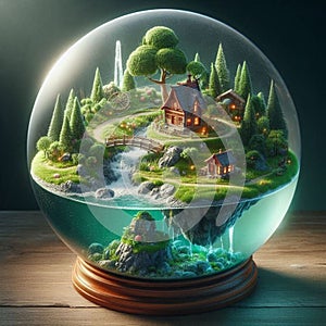 Illuminated miniature green world encased in a glass terrarium