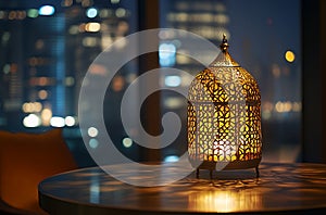 Illuminated Moroccan Lantern on Table at Night Cityscape Background