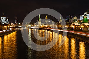 Illuminated Moskva River and Kremlin in Moscow