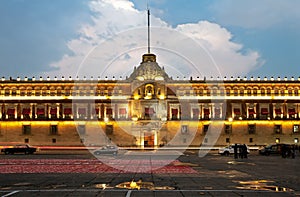 Illuminated National Palace in Zocalo of Mexico City