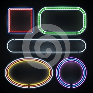 Illuminated neon borders, empty frame signs, new year, casino, party decoration vector set