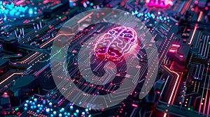 Illuminated neon brain on a circuit board backdrop. Glowing brain symbolizing artificial intelligence, technology and