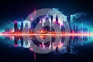 Illuminated Neon city cyberpunk skyline. Generate Ai