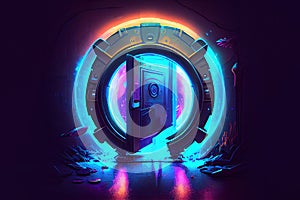 illuminated neon round portal with door.