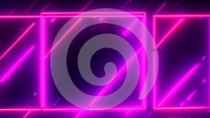 Illuminated neon three square geometric frame shapes changing colors in dark studio. Pink domination