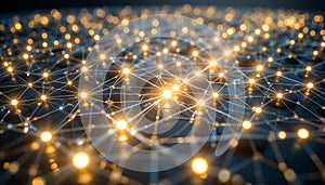 Illuminated network of connected nodes and lines creating a complex and glowing web structure