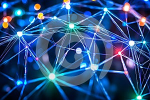 Illuminated network nodes, global connection, abstract background, technology concept