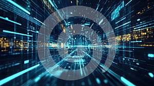 Futuristic Data Stream Tunnel Abstract Digital Technology with Binary Code, Information Highway, and Network Connection Concept