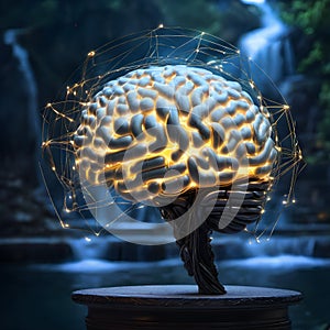 Illuminated Neural Network Brain Sculpture on Pedestal Against Waterfall Backdrop