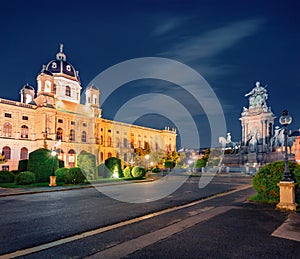 Illuminated night scene of Maria Theresa Square with famous Naturhistorisches Museum