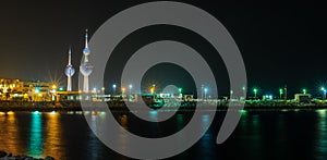 Illuminated night view of Kuwait city and famous towers
