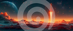 Concept Neon Rocket, Starlit Illuminated Odyssey Neon Rocket Soars in Starlit Dreamscape photo