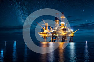 Illuminated oil rig platform in the Persian Gulf at night with a serene atmosphere