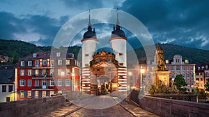 Illuminated Old Bridge Gate in Heidelberg, Germany