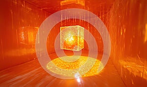 Illuminated orange cube in immersive light installation creating dynamic reflections and patterns on walls and floor photo