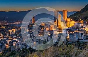 Illuminated Pacentro in the evening, medieval village in L`Aquila province, Abruzzo, central Italy. photo