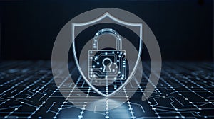 Illuminated Padlock within a Shield on a Circuit Board.