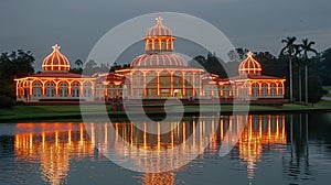 Illuminated Palace Reflecting on a Tranquil Lake photo