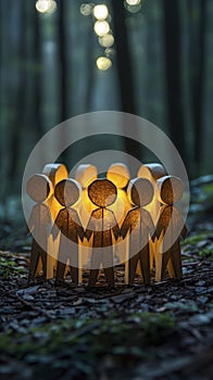 Illuminated Paper Figures in a Forest Setting