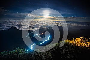 Illuminated path to the top of the mountain of Adams Peak