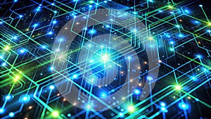 Illuminated pathways of a digital network abstract representation of interconnected systems and data flow. Generative AI