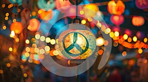 Illuminated Peace Sign on Pole With Lights Background