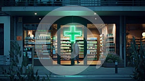 Pharmacy Front at Nighttime.AI generated image