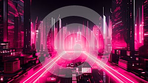 illuminated Pink Neon Futuristic Metaverse Skyscraper city, for technology advertisement banner.